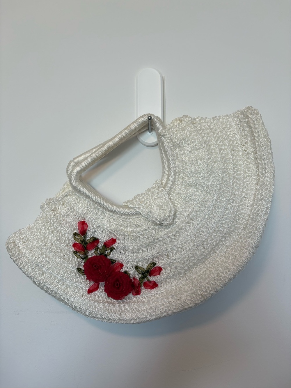White Crochet Handbag with Red Rose Embroidery
